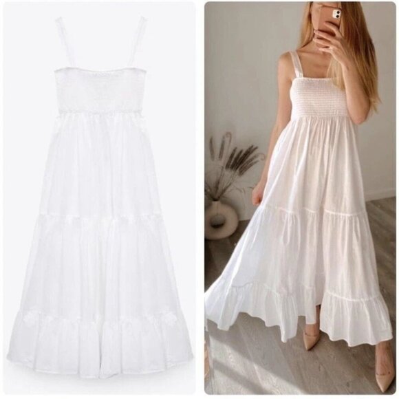 Zara Voluminous Cotton Poplin Maxi Dress NWT Smocked White Size Medium - Picture 4 of 9